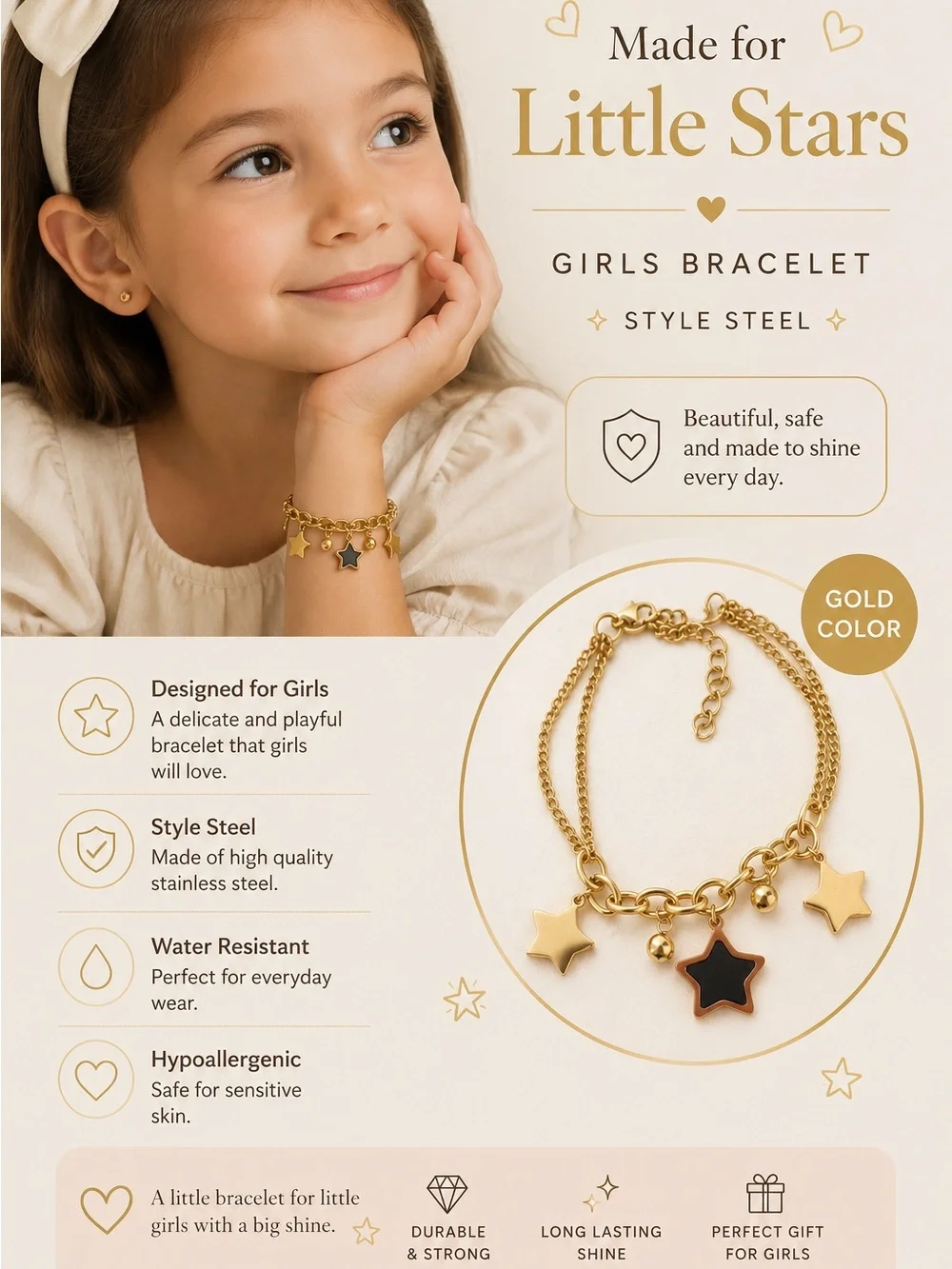 Girls Gold Star Charm Bracelet - Brand